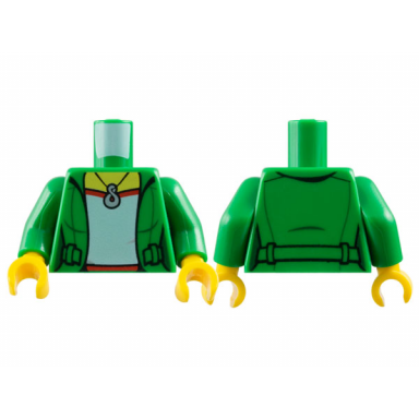 green torso female jacket open over red and white shirt with wrinkle silver infinity pendant necklace yellow neck pattern green arms yellow hands