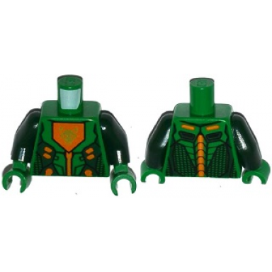 green torso nexo knights armor with orange and gold circuitry and orange emblem with gold fox head pattern dark green arms green hands
