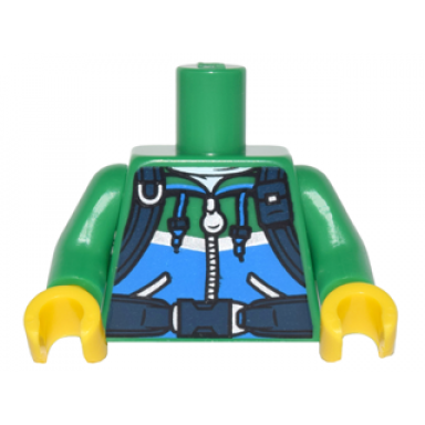 green torso hoodie with ties dark azure stripe pockets silver zipper and dark blue straps pattern green arms yellow hands