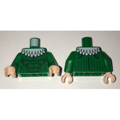 green torso super hero white feather collar dark green vertical stripes and black muscles outline pattern vulture green arms light nougat hands