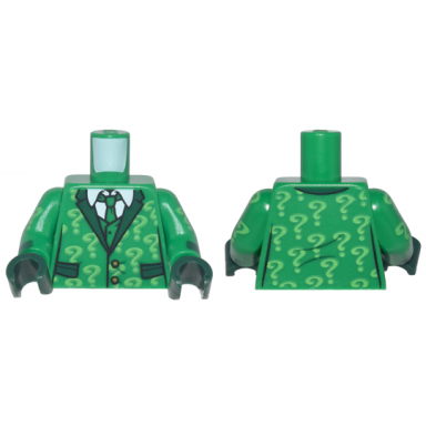 green torso suit with pockets tie shirt and bright green question marks pattern green arms with bright green question marks pattern dark green hands