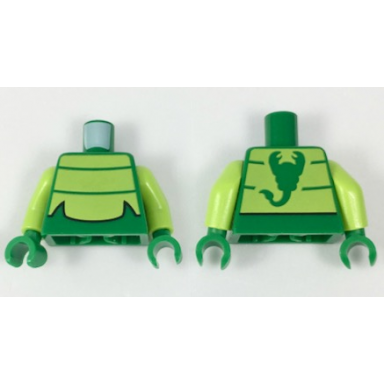 green torso lime chest panel with 2 thin stripes pattern scorpion lime arms green hands