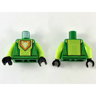 green torso nexo knights armor with lime circuitry and panel with bright light yellow fox head on orange pentagonal shield pattern lime arms black hands