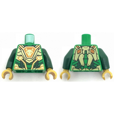 green torso nexo knights gold armor plates with bright light yellow and orange circuitry and fox head emblem pattern dark green arms pearl gold hands
