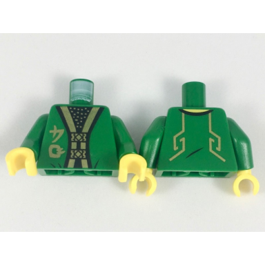 green torso ninjago robe with gold trim and symbols over black shirt with gold dots pattern green arms yellow hands
