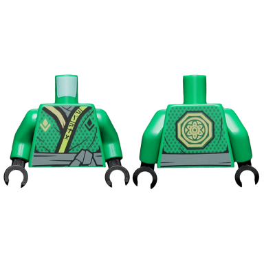 green torso ninjago robe with lime and gold trim gold symbol black dots dark bluish gray sash pattern green arms black hands