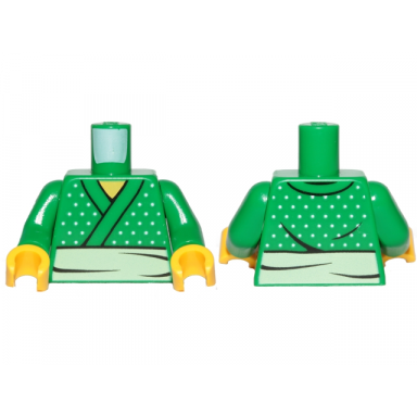 green torso ninjago kimono with white belt and dots pattern green arms yellow hands