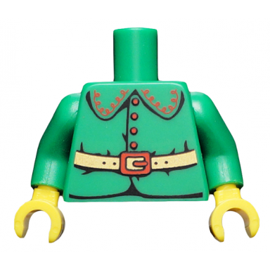 green torso rounded collar 4 red buttons and gold belt with red buckle pattern bam green arms yellow hands