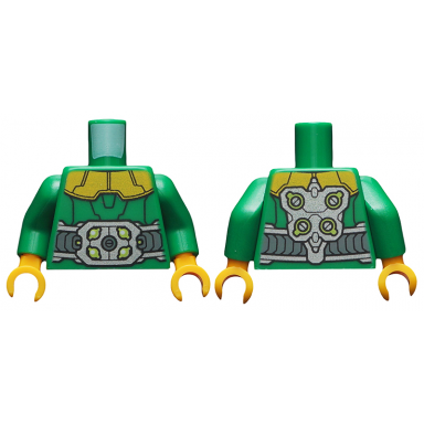 green torso armor with gold shoulders large silver belt with lime highlights and arm attachments on back pattern green arms bright light orange hands