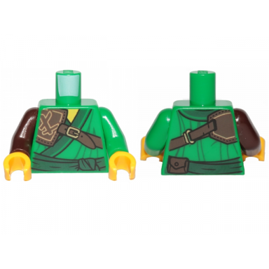 green torso ninjago robe with dark green trim and sash dark brown leather pauldron pattern green arm left dark brown arm right yellow hands