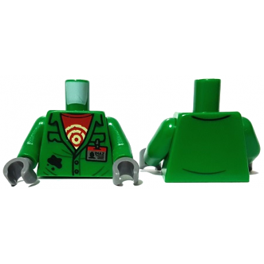green torso coveralls with pockets red undershirt with circles silver diaz id badge black splotch pattern green arms dark bluish gray hands