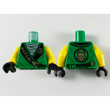 green torso tunic light green shirt wide black hems with gold ninjago logogram manter and dragon pattern yellow arms black hands