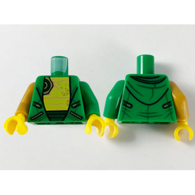 green torso hoodie yellow chest with medium nougat muscle contours and gold triangle tattoos pattern green arm left pearl gold arm right yellow hands