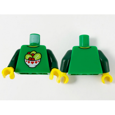 green torso lettuce and tomatoes salad in white bowl with red hearts pattern dark green arms yellow hands