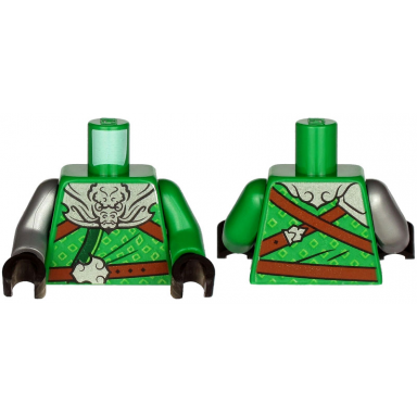 green torso armor silver plate with dragon head over robe and reddish brown straps pattern green arm left flat silver arm right black hands