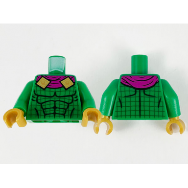 green torso magenta scarf with gold clasps black muscle contours and dark green grid lines pattern green arms pearl gold hands