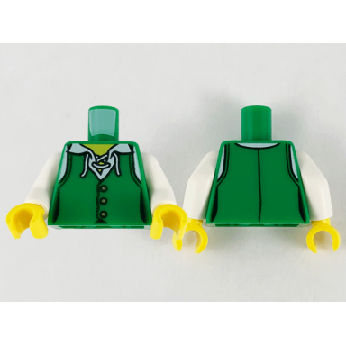 green torso female pirate vest closed with gold buttons over white shirt with laces yellow neck pattern white arms yellow hands