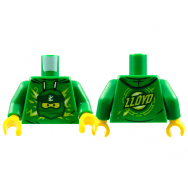 green torso hoodie with ninja minifigure head and wrap with ninjago logogram letter l lloyd on back pattern green arms yellow hands
