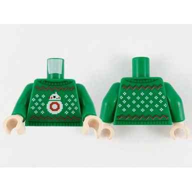 green torso knit fair isle holiday sweater with white sw bb-8 and snowflakes and red zigzag pattern green arms light nougat hands