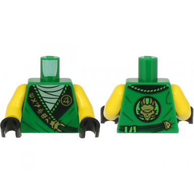 green torso tunic white shirt wide black hems with gold ninjago logogram master and dragon pattern yellow arms black hands