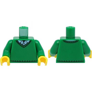 green torso sweater v-neck over button down blue shirt collar with 1 button pattern green arms yellow hands