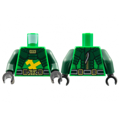 green torso dark green armor gold buckle bright light orange ninjago logogram letter l pattern dark green arms black hands