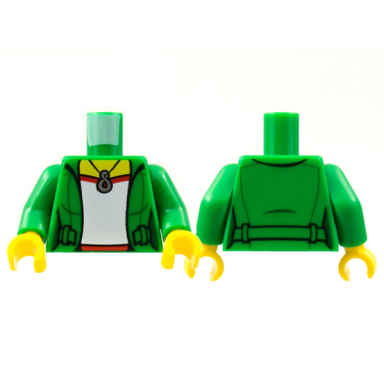green torso female jacket open over red and white shirt without wrinkle silver infinity pendant necklace yellow neck pattern green arms yellow hands