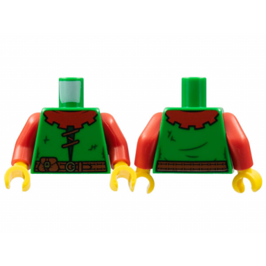 green torso castle forestman red collar reddish brown lacing and belt with pouch dark green stitches gold buckles pattern red arms yellow hands