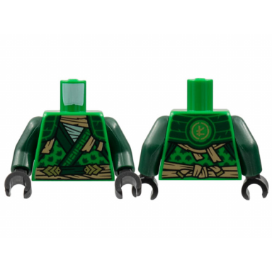 green torso tunic dark green hems and shoulder pads tan tattered scarf and sash gold ninjago logogram letter l on back pattern dark green arms black hands