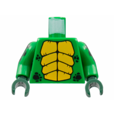 green torso with bright light orange large scales and black small scales pattern green arms with black scales pattern dark green hands
