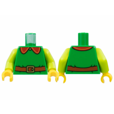 green torso red collar with gold trim button buckle reddish brown belt pattern lime arms yellow hands