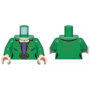 green torso female robe with gold trim symbols and circle clasps over dark purple dress with laces necklace with black beads light nougat neck pattern green arms light nougat hands
