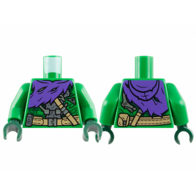 green torso armor suit with dark green circuitry dark purple tattered hoodie dark tan belts and pouch silver buckles pattern green arms dark green hands