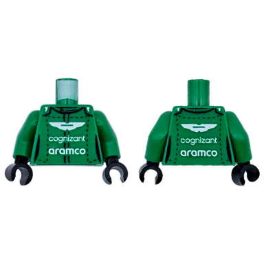 green torso racing suit with black trim and stitches and white aston martin cognizant and aramco logo pattern green arms black hands