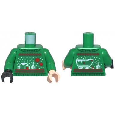 green torso knit fair isle holiday sweater with white and red sw tatooine scenes pattern green arms light nougat hand left black hand right