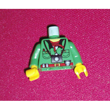 green torso shirt with buttons pockets and black collar over white undershirt red belt with buckle neckerchief pen camera lens film canisters yellow neck pattern green arms yellow hands