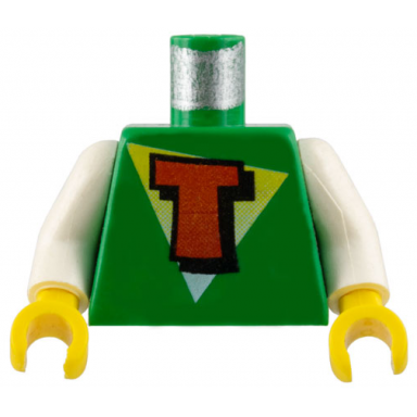 green torso freestyle timmy with red capital letter t on white and yellow triangle pattern white arms yellow hands