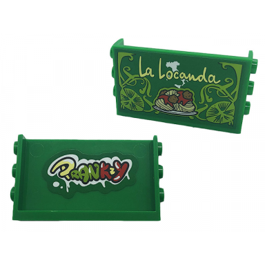 green panel 1 x 6 x 3 with studs on sides with script la locanda spaghetti and meat balls on outside prankzy on inside pattern stickers - set 41379