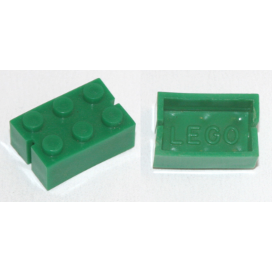 green brick 2 x 3 without bottom tubes slotted with 2 slots opposite