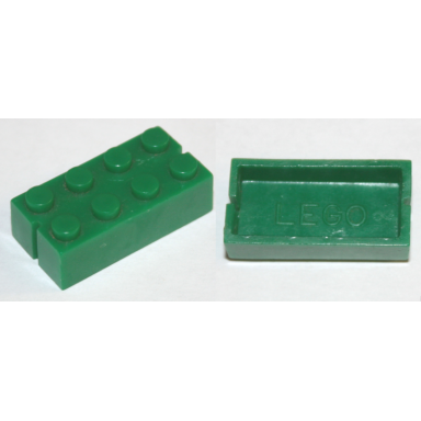 green brick 2 x 4 without bottom tubes slotted with 2 slots opposite
