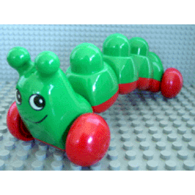 green primo vehicle caterpillar with red wheels