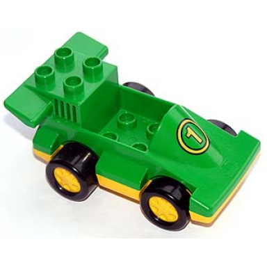 green duplo car formula one with yellow wheels and yellow number 1 pattern