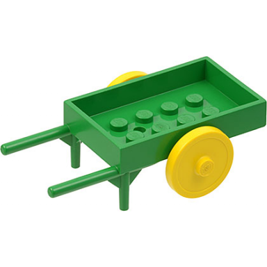 green fabuland utensil wheelbarrow rectangular with yellow wheel pair large with center stud with fixed red axle fabad6 fabwheel2