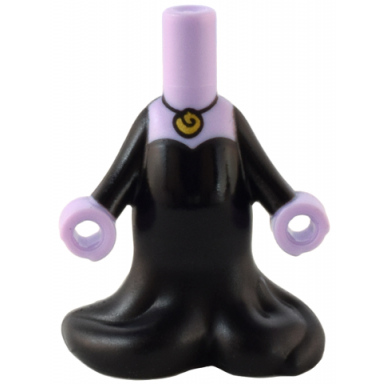 lavender micro doll body with molded black dress bottom with flowing tentacles and printed gold shell necklace and black dress top and arms pattern ursula