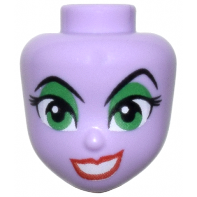 lavender mini doll head friends with bright green eyes and eye shadow raised black eyebrows red lips and open mouth smile pattern