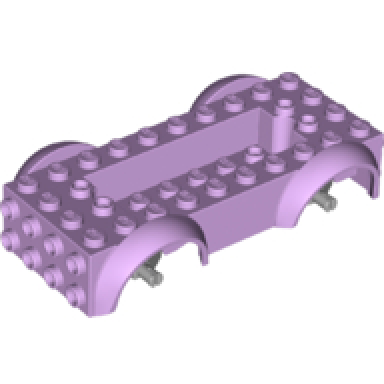 lavender vehicle base 5 x 10 x 2 1 2 with mudguards and 6 x 2 recessed center with 3 holes with light bluish gray wheels holders attached