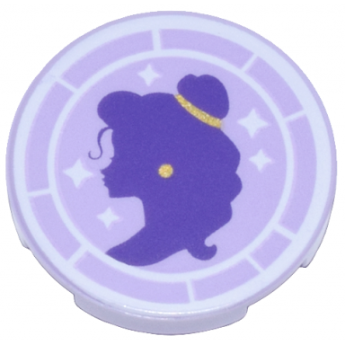 lavender tile round 2 x 2 with bottom stud holder with dark purple belle silhouette gold hairband and earring and white frame and sparkles pattern
