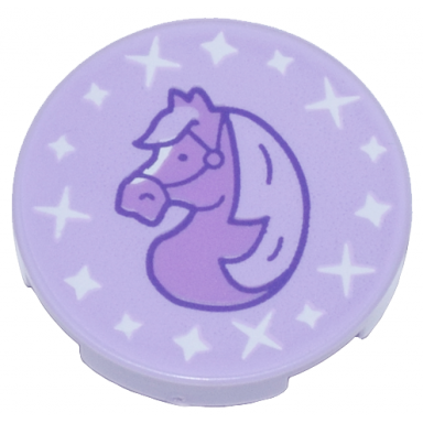 lavender tile round 2 x 2 with bottom stud holder with medium lavender horse profile and white sparkles pattern