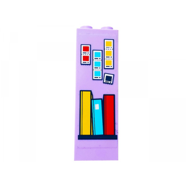 lavender brick 1 x 2 x 5 with bright light orange medium azure and red photos and books on shelf pattern sticker - set 41232