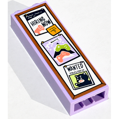 lavender brick 1 x 2 x 5 with notice board with hiring now video game controllers and wanted posters and note with writing and question mark pattern sticker - set 41747